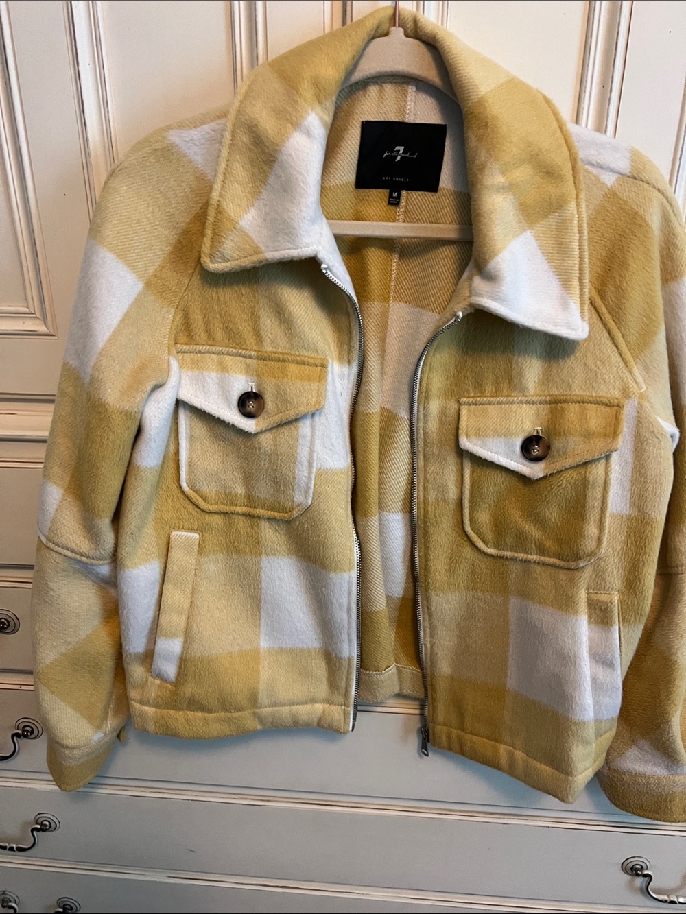 7 For All Mankind Yellow and White Checked Utility Jacket